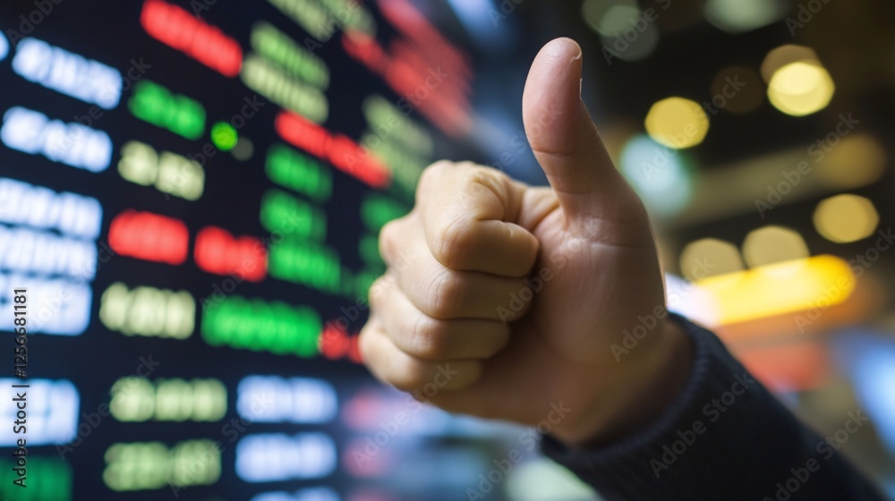 Aufkleber Stock trader giving thumbs up with stock market data in background