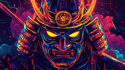 Fiery neon samurai mask illustration. Neon Samurai. Illustration