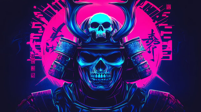 Neon : futuristic synthwave samurai with japanese demon skull in anime style. Neon Samurai. Illustration