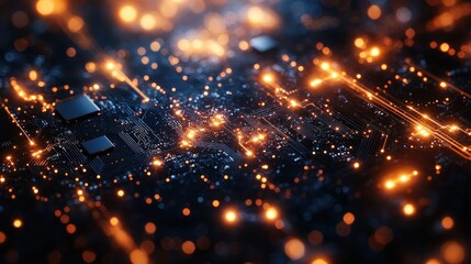 Naklejka premium Abstract close-up of a digital circuit board with glowing lights and intricate patterns, symbolizing technology