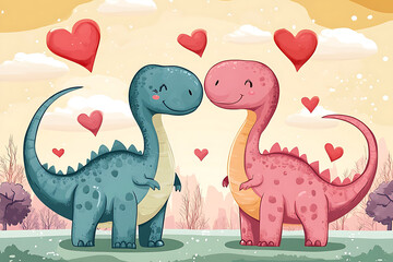 Two cartoon dinosaurs, one blue and one pink, share a loving moment in a whimsical landscape with hearts