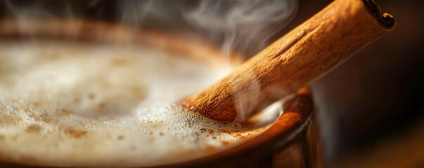 Close-up of steaming cinnamon stick in frothy beverage