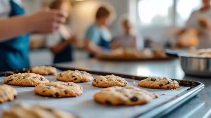 Freshly baked chocolate chip cookies on a baking tray in a kitchen with children baking in the background.