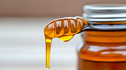 Honey dripping from spoon, jar in background, kitchen setting, healthy food