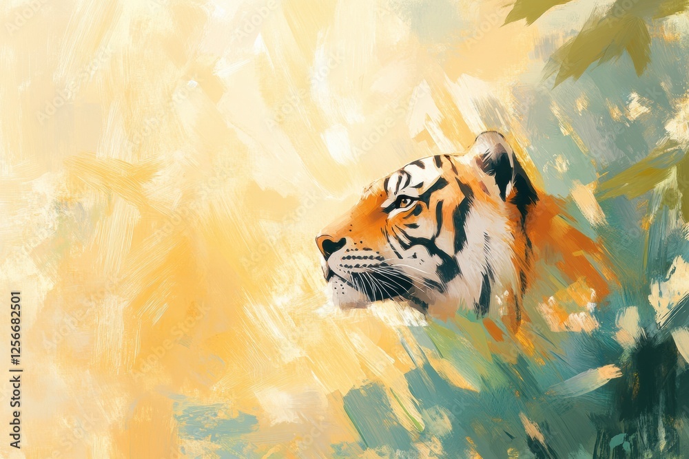 Leinwandbilder impressionist tiger portrait in a vibrant jungle with space for custom text. generative ai