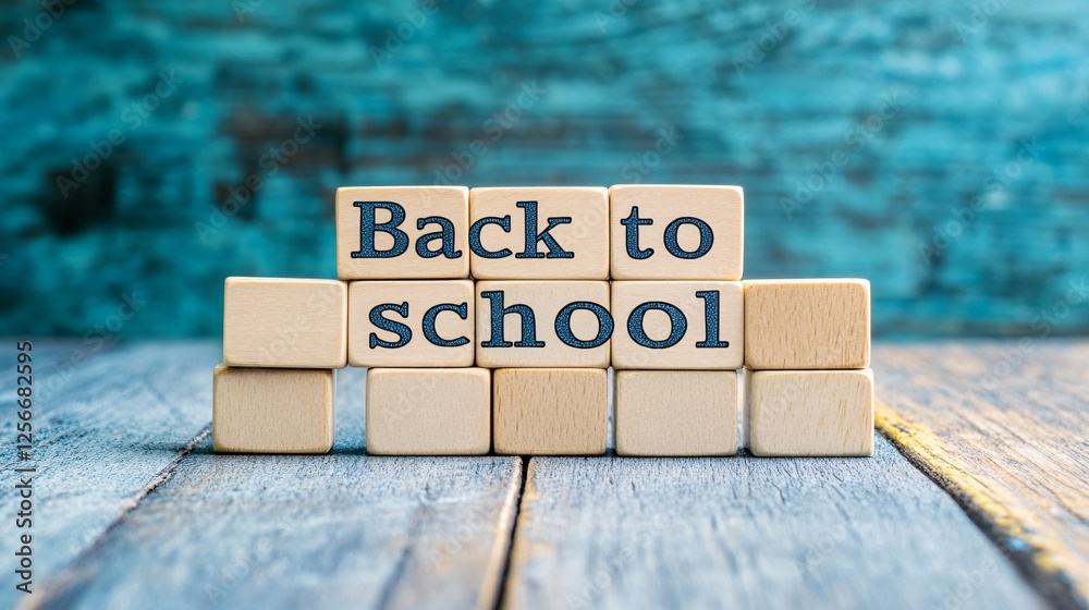 Poster back to school spelled on wooden blocks on rustic surface