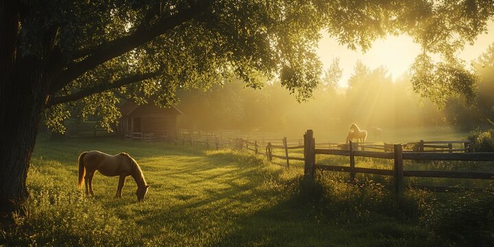 Horses grazing in a sunlit pasture, near a rustic wooden fence and cabin, at sunrise.