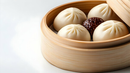 Delicious steamed dumplings served in a bamboo basket, showcasing a variety of flavors and textures.