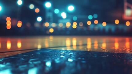 Night city street reflections on wet asphalt.