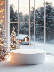 Chrismas background with A cozy winter cabin nestled in a snowy forest, adorned with glowing fairy lights. The rustic wooden platform in the foreground, 