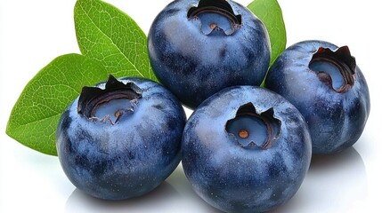 Obraz premium Fresh Blueberries with Green Leaves on White Background