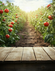 A vibrant farm scene featuring ripe, freshly harvested tomatoes displayed on a rustic wooden table, with lush green tomato fields stretching into the distance. 