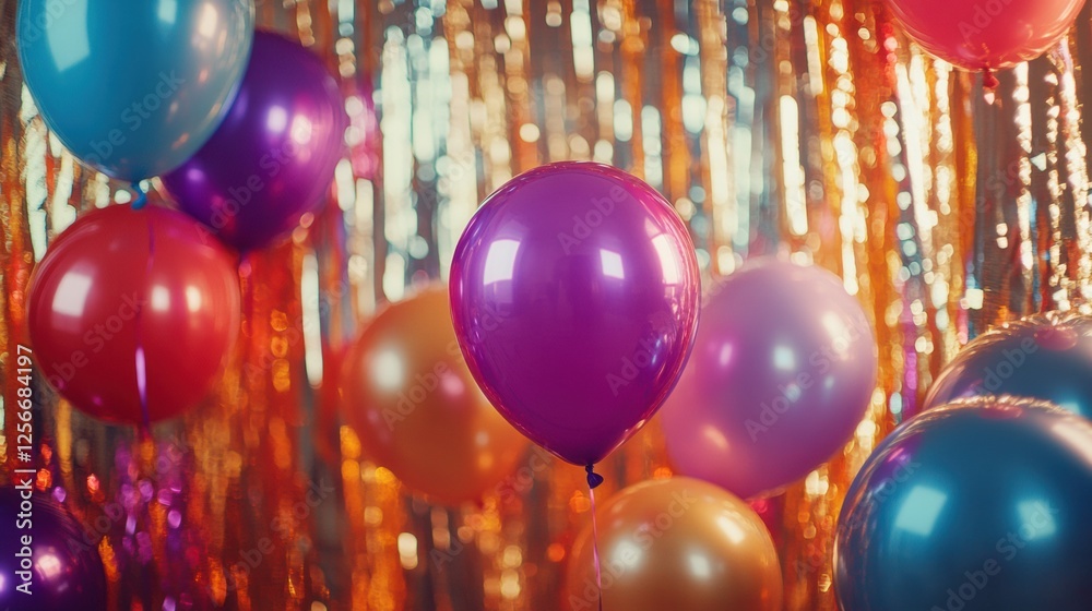 Fototapete festive party backdrop featuring balloons and shimmering tinsel in vibrant colors with space for per