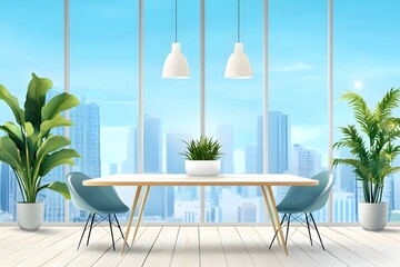 Obraz premium Modern Dining Room with City View: A minimalist dining room features a sleek white table and two light blue chairs, set against a panoramic window showcasing a stunning cityscape.