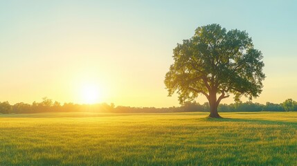 Fototapeta premium Sunrise over serene field with majestic tree natural landscape early morning tranquility wide angle view