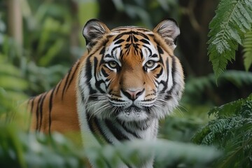 Fototapeta premium Majestic tiger portrait with intense gaze in lush greenery during daylight. Generative AI