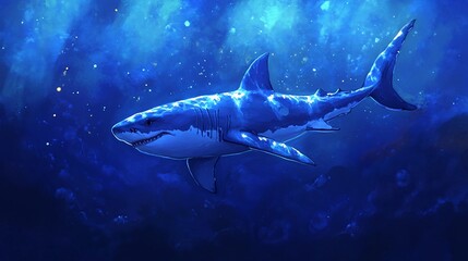 Majestic great white shark gracefully swimming in deep blue sea illustration
