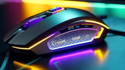 Sleek gaming mouse with vibrant lighting on a modern desk setup, showcasing technology - Powered by Adobe