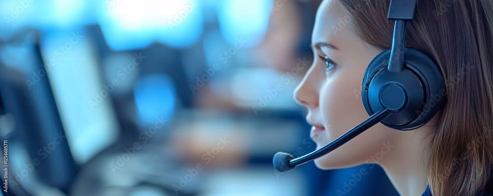 Poster focused female customer service representative working in busy call center