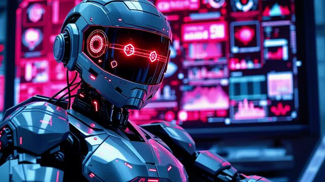 Futuristic robot with glowing features set against a vibrant digital backdrop displaying data analytics