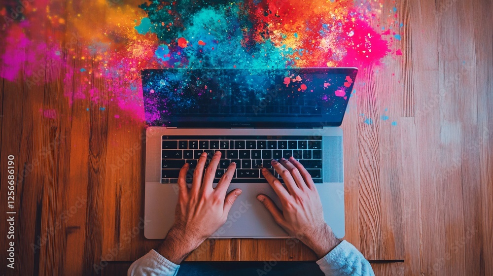 Poster Web designer creating colorful website interface on laptop computer