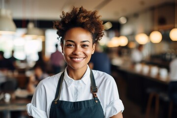 Obraz premium Smiling portrait of a young female African American waitress in cafe