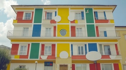 Vibrant colorful building facade urban city photography artistic environment street view contemporary design