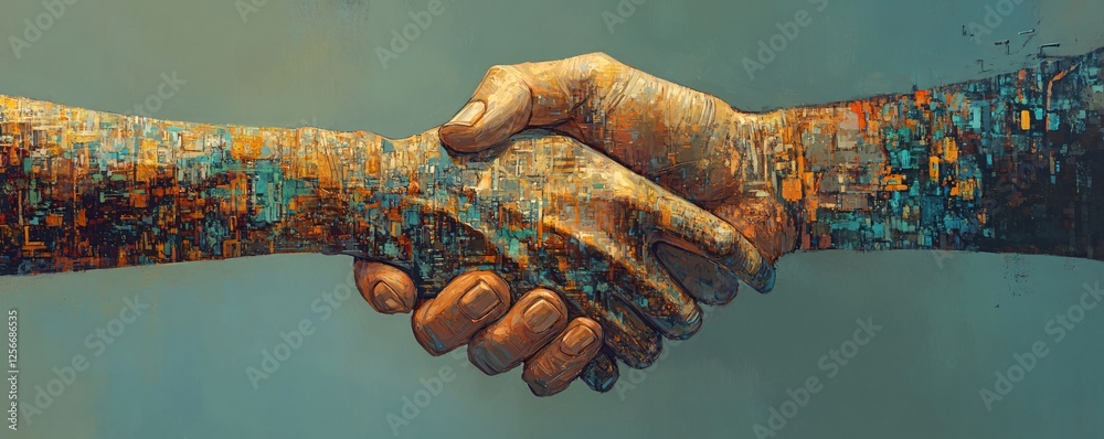 Poster Two people shaking hands showing digital connection with colorful mosaic pattern