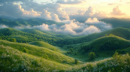 Obraz premium Misty Sunrise Over Rolling Green Hills