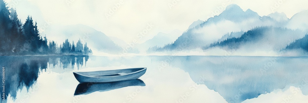 Poster serene watercolor illustration featuring a quiet rowboat on a calm mountain lake surrounded by misty