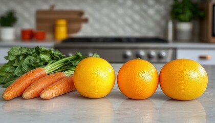 Capture the essence of healthy living with this vibrant kitchen scene featuring fresh citrus fruits and vegetables on a clean countertop Embrace the farm-to-table movement as you explore recipe ideas