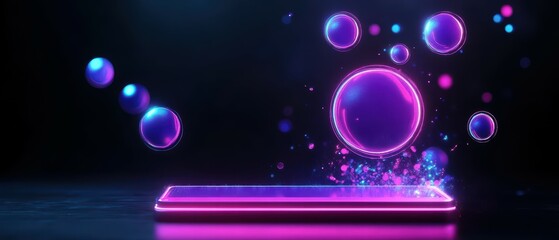 A vibrant display of glowing spheres in various sizes, set against a dark backdrop with a sleek platform, creating a futuristic atmosphere.