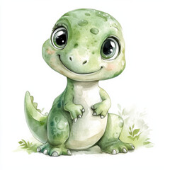 a cute clipart of a baby green tyrex watercolor pastel, soft tones, against an isolated white background, 