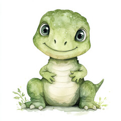 Fototapeta premium a cute clipart of a baby green tyrex watercolor pastel, soft tones, against an isolated white background, 