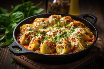 Rustic style stuffed conchiglioni baked with tomato sauce