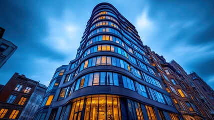 Modern architectural design city center building exterior urban environment low angle view innovative concept