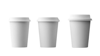 Three white disposable coffee cups with lids on transparent background