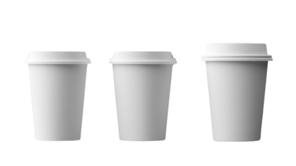 Three white disposable coffee cups with lids on transparent background