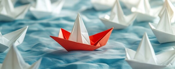 Red origami paper boat leading the way with folded white paper boats