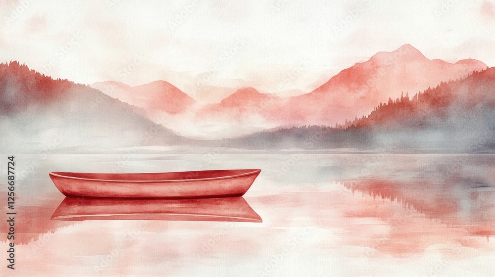 Poster serene watercolor artwork of a peaceful rowboat on a still mountain lake with a blank sky for text. 