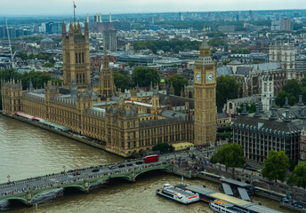 London, United Kingdom. Tourist cities around the world. Houses of Parliament Big Ben Tower and Westminster Pier. 09/02/2024