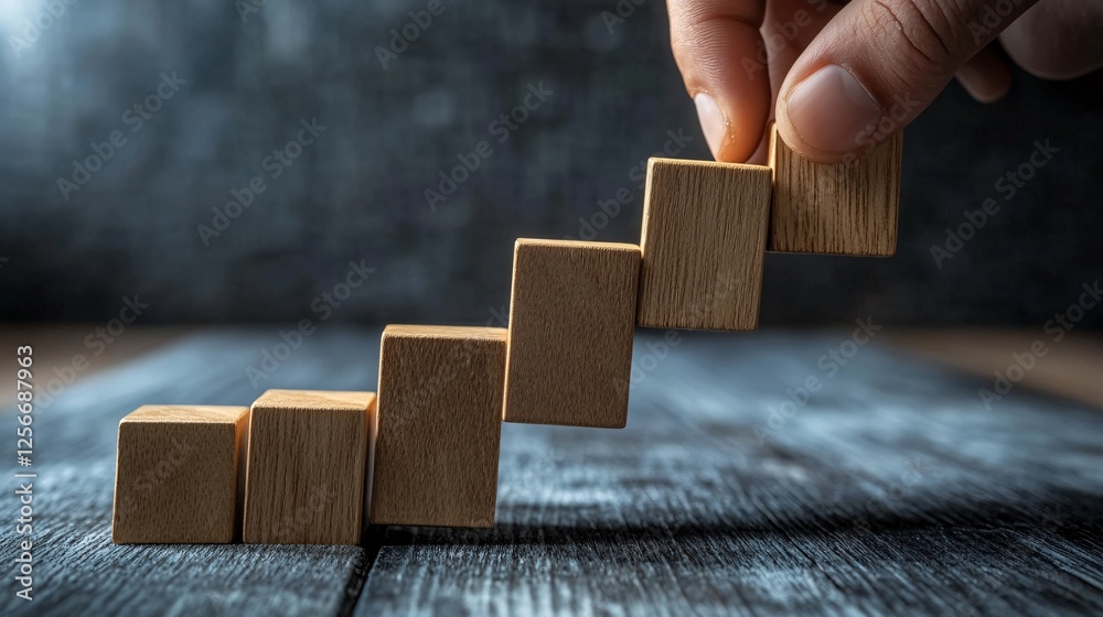 Poster hand building staircase with wooden blocks on table