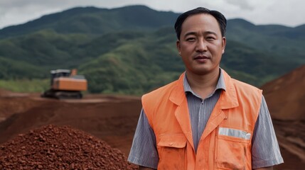 Excavator efficiently transporting manganese ore at an active mining site surrounded by mountains