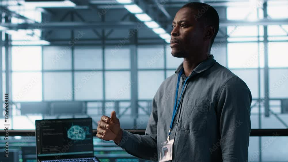 Poster computer scientist looking at holograms in data center, using artificial intelligence. african ameri