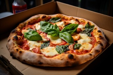 Neapolitan pizza margarita served in cardboard box