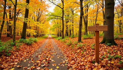 Autumn pathway with fallen leaves and wooden sign in vibrant forest