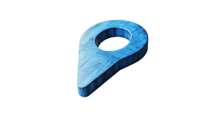 Blue wooden location pin showing global positioning on transparent background