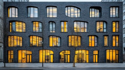 Naklejka premium Modern architectural design showcase urban cityscape exterior view evening light contemporary aesthetics