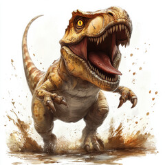 Fototapeta premium A looking backward T-Rex with brownish savage scar, head turned toward tail, running sideways in speed chasing, humongous T-rex, hungry with saliva drops on his mouth, t-rex chin, 