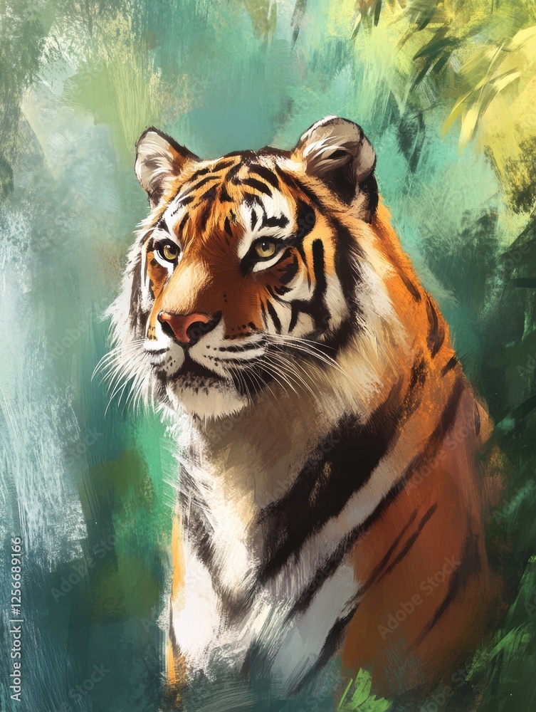 Poster Majestic tiger portrait in a vibrant jungle setting showcasing striking colors and inviting text space. Generative AI